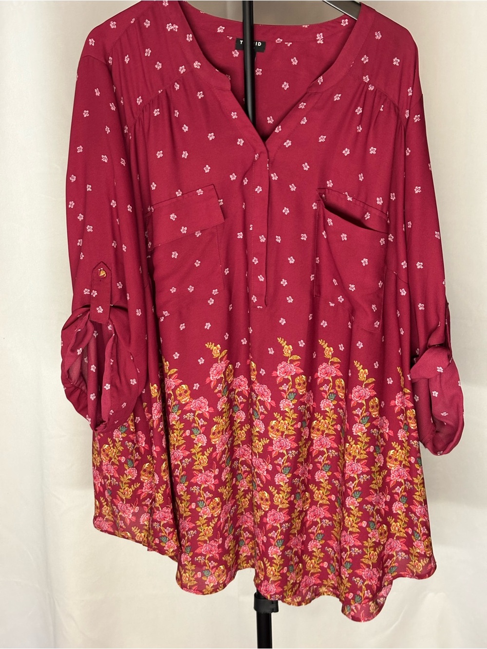 Torrid Raspberry Floral Border Tunic Blouse Plus Size 3/4 Sleeve